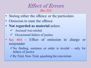 Effect of Errors
Sec 215
• Stating either the offence or the particulars
• Omission to state the offence
• Not regarded as material unless
✓ Accused was misled
✓ Occasioned failure of justice
• Sec 464 – Effect of omission in charge or
misjoinder
✓No finding, sentence or order is invalid – only for
failure of justice
✓Re Trial, New Trial, quashing the conviction
 