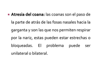 

Atresia del coana: las coanas son el paso de
la parte de atrás de las fosas nasales hacia la
garganta y son las que nos permiten respirar
por la nariz, estas pueden estar estrechas o
bloqueadas.

El

problema

unilateral o bilateral.

puede

ser

 