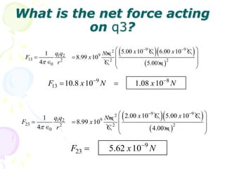 What is the net force acting
on q3?
  
 
9 9
2
9
1 2
13 2 2 2
0
5.00 10 6.00 10
1
8.99 10
4 5.00
x C x C
q q Nm
F x
r C m

 
 
 
 
 

 
9 8
13 10.8 10 1.08 10
F x N x N
 
 
  
 
9 9
2
9
1 2
23 2 2 2
0
2.00 10 5.00 10
1
8.99 10
4 4.00
x C x C
q q Nm
F x
r C m

 
 
 
 
 

 
9
23 5.62 10
F x N


 