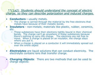 **(1a2) Students should understand the concept of electric
charge, so they can describe polarization and induced charges.
• Conductors - usually metals.
– The charge is carried through the material by the free electrons that
metals have because of their metallic bonds.
• Insulators - non-metals; materials like plastic, rubber, ceramics,
etc.
– These substances have their electrons tightly bound in their chemical
bonds. The charge can’t go anywhere in these substances because
there’s nothing to carry the charge. The electrons are not free to
move. When a charge is placed on an insulator, the charge stays
where you put it.
– When a charge is placed on a conductor it will immediately spread out
over the entire object
• Electrolytes are liquid solutions that can conduct electricity. The
electrolyte contains ions that transfer charge.
• Charging Objects: There are two methods that can be used to
charge objects:
 