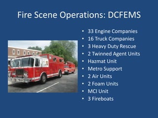 Fire Scene Operations: DCFEMS
               •   33 Engine Companies
               •   16 Truck Companies
               •   3 Heavy Duty Rescue
               •   2 Twinned Agent Units
               •   Hazmat Unit
               •   Metro Support
               •   2 Air Units
               •   2 Foam Units
               •   MCI Unit
               •   3 Fireboats
 