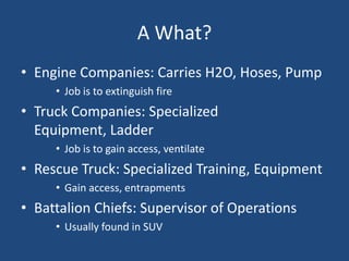 A What?
• Engine Companies: Carries H2O, Hoses, Pump
     • Job is to extinguish fire
• Truck Companies: Specialized
  Equipment, Ladder
     • Job is to gain access, ventilate
• Rescue Truck: Specialized Training, Equipment
     • Gain access, entrapments
• Battalion Chiefs: Supervisor of Operations
     • Usually found in SUV
 
