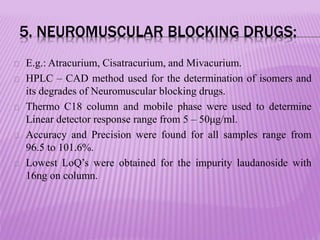 5. NEUROMUSCULAR BLOCKING DRUGS:
E.g.: Atracurium, Cisatracurium, and Mivacurium.
HPLC – CAD method used for the determination of isomers and
its degrades of Neuromuscular blocking drugs.
Thermo C18 column and mobile phase were used to determine
Linear detector response range from 5 – 50μg/ml.
Accuracy and Precision were found for all samples range from
96.5 to 101.6%.
Lowest LoQ’s were obtained for the impurity laudanoside with
16ng on column.
 