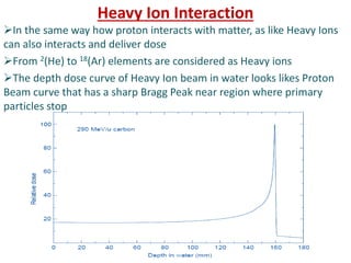 Heavy Ion Interaction
In the same way how proton interacts with matter, as like Heavy Ions
can also interacts and deliver dose
From 2(He) to 18(Ar) elements are considered as Heavy ions
The depth dose curve of Heavy Ion beam in water looks likes Proton
Beam curve that has a sharp Bragg Peak near region where primary
particles stop
 