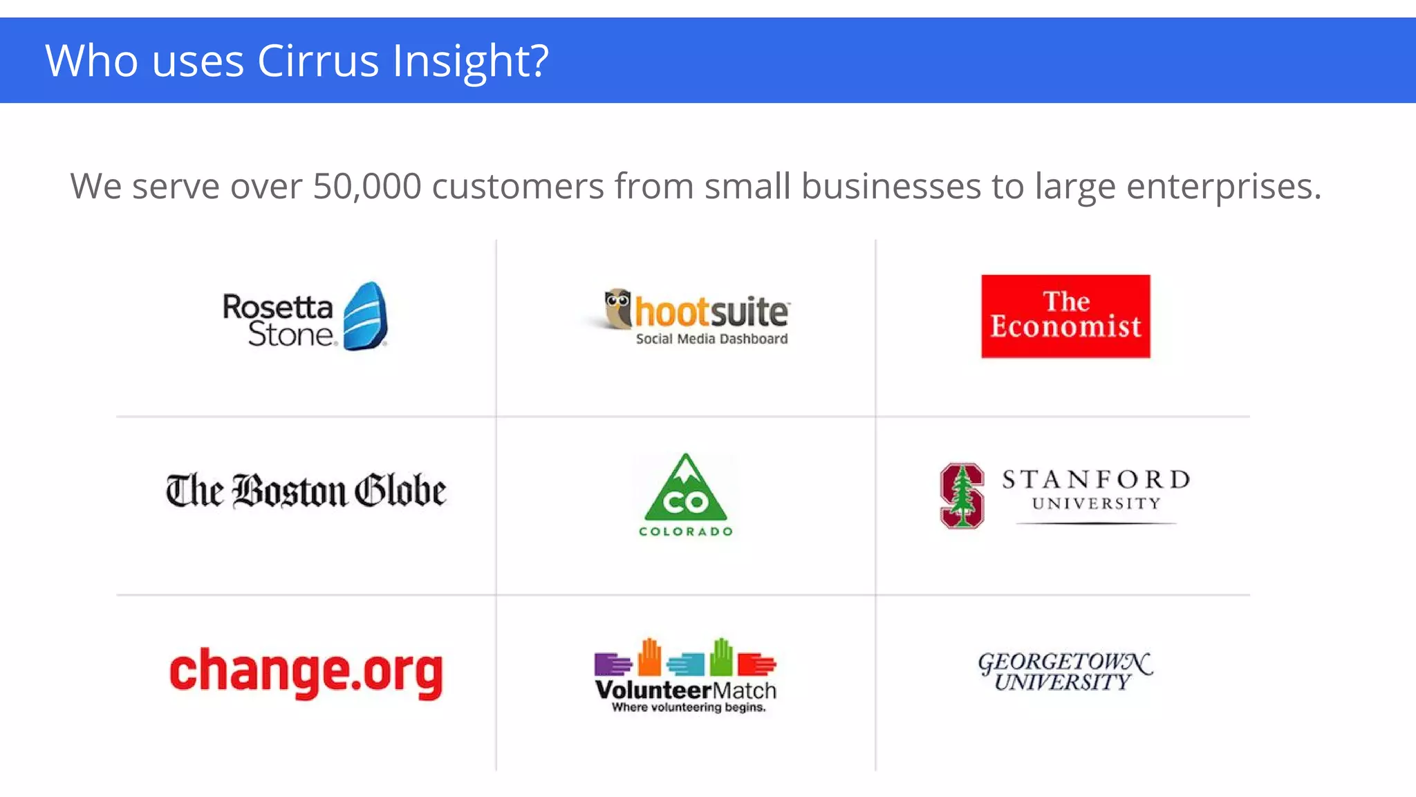 Google confidential | Do not distribute
Integrate your business apps
Reduce cost and complexity, super-charge collaborationWho uses Cirrus Insight?
We serve over 50,000 customers from small businesses to large enterprises.
 