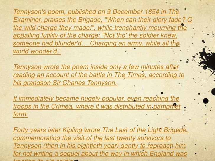 essay on the charge of the light brigade Free charge of the light brigade papers, - comparing dulce et decorum est and charge of the light brigade in this essay i will be comparing two war poems. essay on the charge of the light brigade Free charge of the light brigade papers, - comparing dulce et decorum est and charge of the light brigade in this essay i will be comparing two war poems.