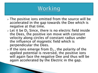  The positive ions emitted from the source will be 
accelerated in the gap towards the Dee which is 
negative at that time. 
 Let it be D2 Since, there is no electric field inside 
the Dees, the positive ion move with constant 
velocity along circles of constant radius under 
the influence of magnetic field which is 
perpendicular the Dees. 
 If the ions emerge from D2 , the polarity of the 
applied potential is reversed, the positive ions 
will again face the negative Dee and thus will be 
again accelerated by the Electric in the gap. 
 