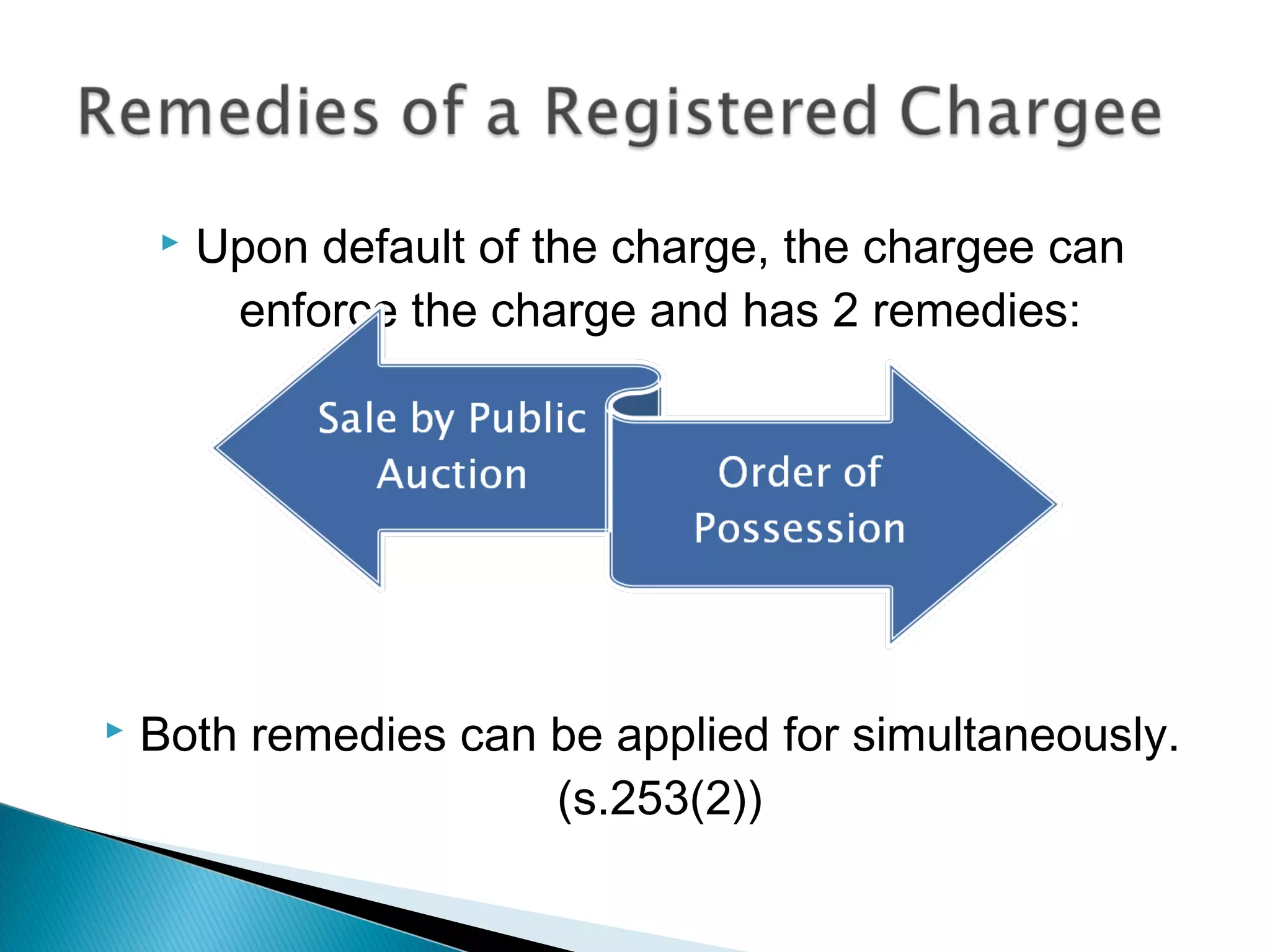  Upon default of the charge, the chargee can
enforce the charge and has 2 remedies:
 Both remedies can be applied for simultaneously.
(s.253(2))
 