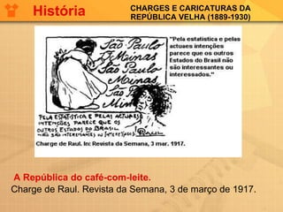 CHARGES E CARICATURAS DA REPÚBLICA VELHA (1889-1930) A República do café-com-leite. Charge de Raul. Revista da Semana, 3 de março de 1917.  História 