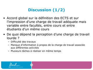 Discussion (1/2)
• Accord global sur la définition des ECTS et sur
l’impression d’une charge de travail adéquate mais
variable entre facultés, entre cours et entre
étudiants d’un même cours
• De quoi dépend la perception d’une charge de travail
lourde ?
– Difficulté des travaux
– Manque d’information à propos de la charge de travail associée
aux différentes activités
– Plusieurs tâches à réaliser en même temps
11
 