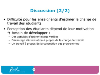 Discussion (2/2)
• Difficulté pour les enseignants d’estimer la charge de
travail des étudiants
• Perception des étudiants dépend de leur motivation
 besoin de développer :
– Des activités d’apprentissage variées
– Davantage d’information à propos de la charge de travail
– Un travail à propos de la conception des programmes
12
 