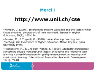 Merci !
http://www.unil.ch/cse
•Kember, D. (2004). Interpreting student workload and the factors which
shape students’ perceptions of their workload. Studies in Higher
Education, 29(2), 165–184.
•Prosser, M., & Trigwell, K. (1998). Understanding Learning and
Teaching: The Experience in Higher Education. Milton Keynes: Open
University Press.
•Ruohoniemi, M., & Lindblom-Ylänne, S. (2009). Students’ experiences
concerning course workload and factors enhancing and impeding their
learning – a useful resource for quality enhancement in teaching and
curriculum planning. International Journal for Academic Development,
14(1), 69–81.
15
 