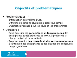 2
Objectifs et problématiques
• Problématiques :
– Introduction du système ECTS
– Difficulté de certains étudiants à gérer leur temps
– Questions pratiques pour les cours et les programmes
• Objectifs :
– Faire émerger les conceptions et les approches des
enseignants et des étudiants de l’UNIL à propos de la
charge de travail des étudiants
– Proposer ensuite des conseils et des recommandations
à l’attention des enseignants et des équipes qui conçoivent
des programmes
 