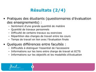 Résultats (2/4)
• Pratiques des étudiants (questionnaires d’évaluation
des enseignements) :
– Sentiment d’une grande quantité de matière
– Quantité de travaux personnels
– Difficulté de certains travaux ou exercices
– Répartition des charges de travail entre les cours
– Temps de travail en lien avec l’évaluation finale
• Quelques différences entre facultés :
– Difficultés à distinguer l’essentiel de l’accessoire
– Informations sur les liens entre charge de travail et ECTS
– Informations sur les objectifs et les modalités d’évaluation
8
 