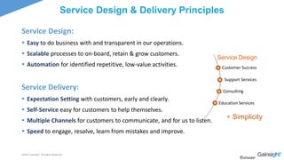 ©2015 Gainsight. All Rights Reserved.
©orazavi
Service Design & Delivery Principles
Service Design:
 Easy to do business with and transparent in our operations.
 Scalable processes to on-board, retain & grow customers.
 Automation for identified repetitive, low-value activities.
Service Delivery:
 Expectation Setting with customers, early and clearly.
 Self-Service easy for customers to help themselves.
 Multiple Channels for customers to communicate, and for us to listen.
 Speed to engage, resolve, learn from mistakes and improve.
Customer Success
Support Services
Consulting
Education Services
Service Design
+ Simplicity
 