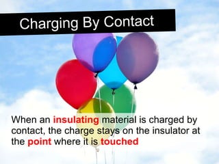 When an  insulating  material is charged by contact, the charge stays on the insulator at the  point  where it is  touched Charging By Contact 