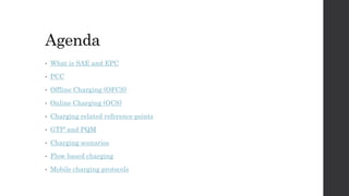 Agenda
• What is SAE and EPC
• PCC
• Offline Charging (OFCS)
• Online Charging (OCS)
• Charging related reference points
• GTP’ and PQM
• Charging scenarios
• Flow based charging
• Mobile charging protocols
 