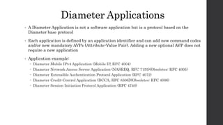 Diameter Applications
• A Diameter Application is not a software application but is a protocol based on the
Diameter base protocol
• Each application is defined by an application identifier and can add new command codes
and/or new mandatory AVPs (Attribute-Value Pair). Adding a new optional AVP does not
require a new application
• Application example:
 Diameter Mobile IPv4 Application (Mobile IP, RFC 4004)
 Diameter Network Access Server Application (NASREQ, RFC 7155)(Obsoletes: RFC 4005)
 Diameter Extensible Authentication Protocol Application (RFC 4072)
 Diameter Credit-Control Application (DCCA, RFC 8506])(Obsoletes: RFC 4006)
 Diameter Session Initiation Protocol Application (RFC 4740)
 