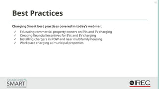 Charging Smart best practices covered in today’s webinar:
✓ Educating commercial property owners on EVs and EV charging
✓ Creating financial incentives for EVs and EV charging
✓ Installing chargers in ROW and near multifamily housing
✓ Workplace charging at municipal properties
12
Best Practices
 