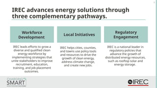 3
IREC advances energy solutions through
three complementary pathways.
Workforce
Development
IREC leads efforts to grow a
diverse and qualified clean
energy workforce by
implementing strategies that
unite stakeholders to improve
recruitment, education,
training, and job placement
outcomes.
Local Initiatives
IREC helps cities, counties,
and towns use policy tools
and resources to drive the
growth of clean energy,
address climate change,
and create new jobs.
Regulatory
Engagement
IREC is a national leader in
regulatory policies that
advance the growth of
distributed energy resources,
such as rooftop solar and
energy storage.
 