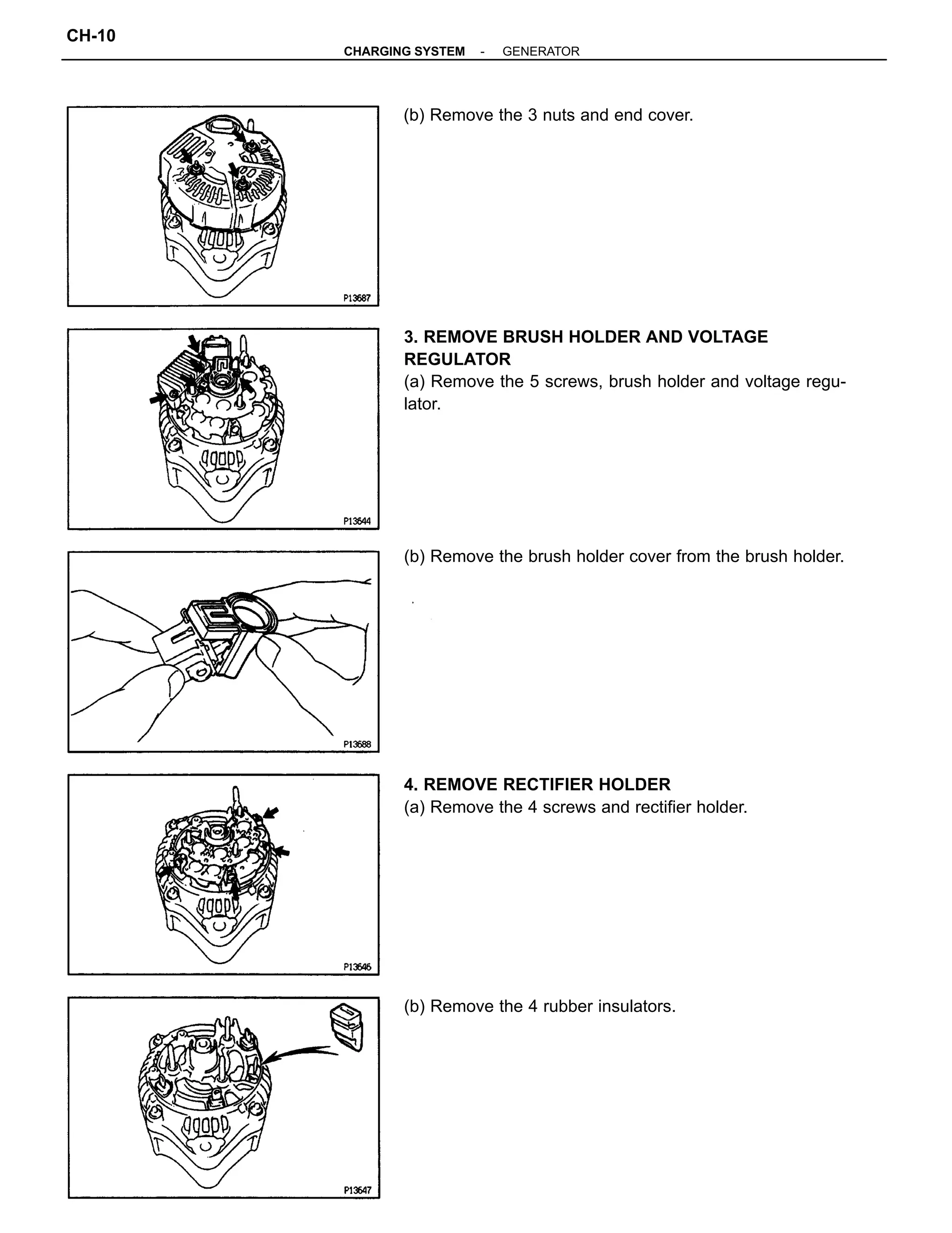 3. REMOVE BRUSH HOLDER AND VOLTAGE
REGULATOR
(a) Remove the 5 screws, brush holder and voltage regu-
lator.
4. REMOVE RECTIFIER HOLDER
(a) Remove the 4 screws and rectifier holder.
(b) Remove the brush holder cover from the brush holder.
(b) Remove the 4 rubber insulators.
(b) Remove the 3 nuts and end cover.
-CHARGING SYSTEM GENERATOR
CH-10
 