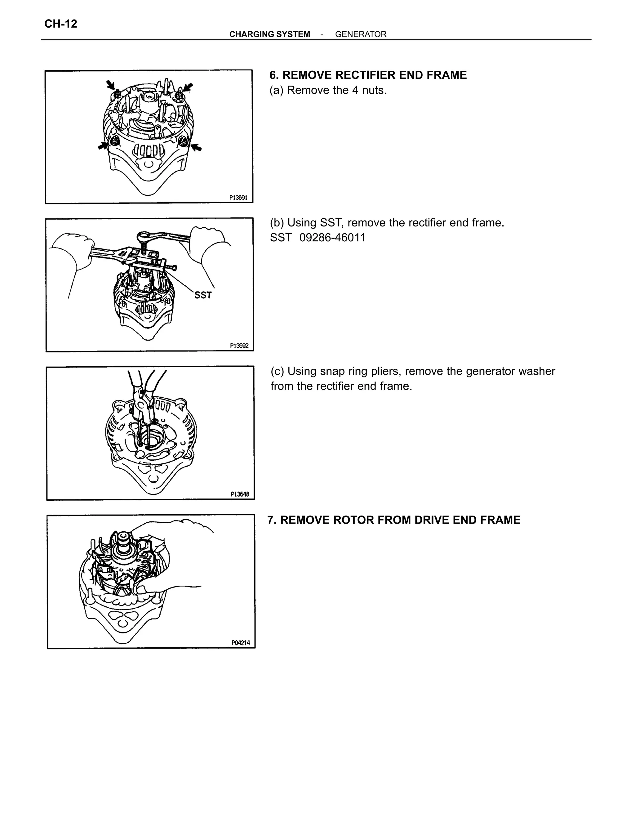 (c) Using snap ring pliers, remove the generator washer
from the rectifier end frame.
(b) Using SST, remove the rectifier end frame.
SST 09286-46011
6. REMOVE RECTIFIER END FRAME
(a) Remove the 4 nuts.
7. REMOVE ROTOR FROM DRIVE END FRAME
-CHARGING SYSTEM GENERATOR
CH-12
 