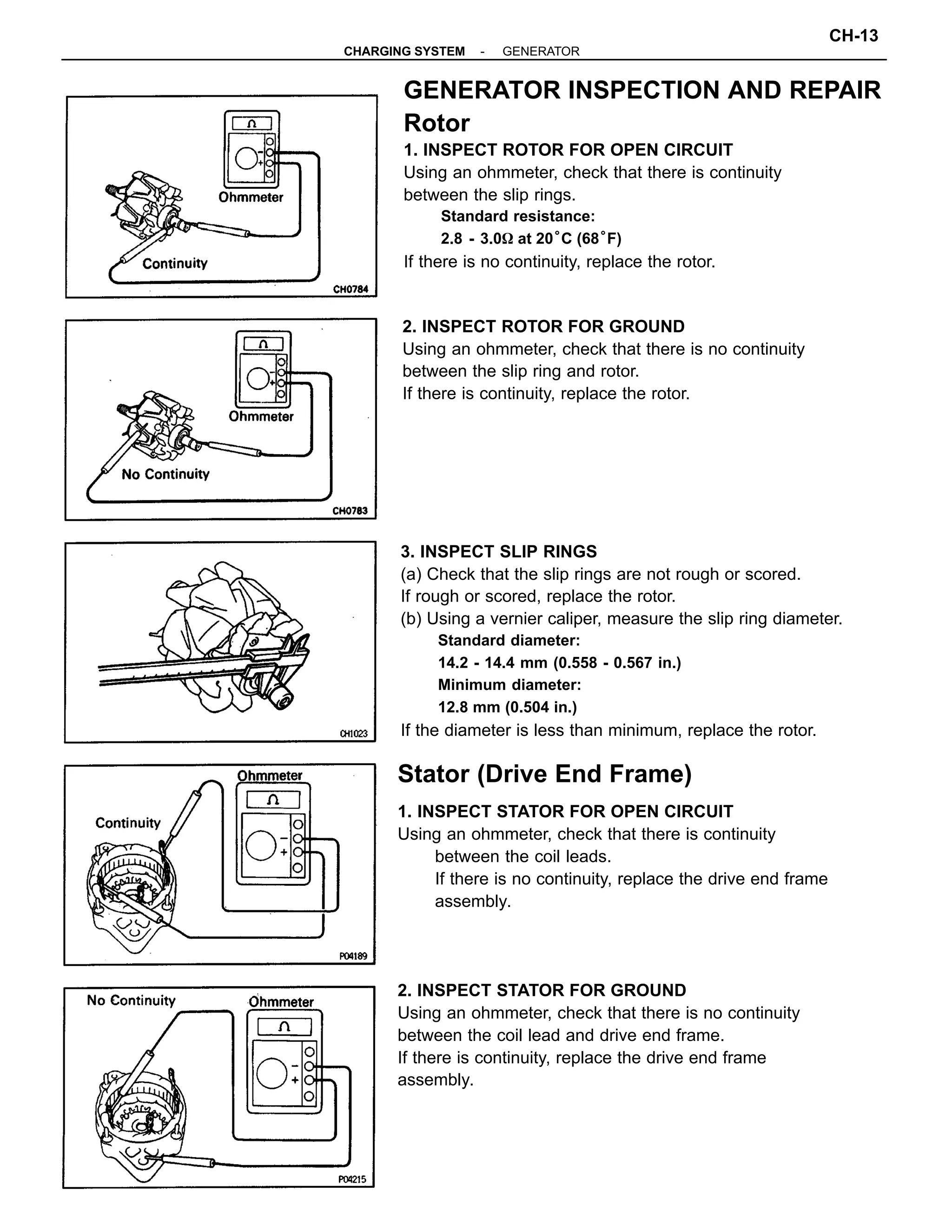 Stator (Drive End Frame)
1. INSPECT STATOR FOR OPEN CIRCUIT
Using an ohmmeter, check that there is continuity
between the coil leads.
If there is no continuity, replace the drive end frame
assembly.
2. INSPECT STATOR FOR GROUND
Using an ohmmeter, check that there is no continuity
between the coil lead and drive end frame.
If there is continuity, replace the drive end frame
assembly.
3. INSPECT SLIP RINGS
(a) Check that the slip rings are not rough or scored.
If rough or scored, replace the rotor.
(b) Using a vernier caliper, measure the slip ring diameter.
Standard diameter:
14.2 - 14.4 mm (0.558 - 0.567 in.)
Minimum diameter:
12.8 mm (0.504 in.)
If the diameter is less than minimum, replace the rotor.
GENERATOR INSPECTION AND REPAIR
Rotor
1. INSPECT ROTOR FOR OPEN CIRCUIT
Using an ohmmeter, check that there is continuity
between the slip rings.
Standard resistance:
2.8 - 3.0W at 20°C (68°F)
If there is no continuity, replace the rotor.
2. INSPECT ROTOR FOR GROUND
Using an ohmmeter, check that there is no continuity
between the slip ring and rotor.
If there is continuity, replace the rotor.
-CHARGING SYSTEM GENERATOR
CH-13
 