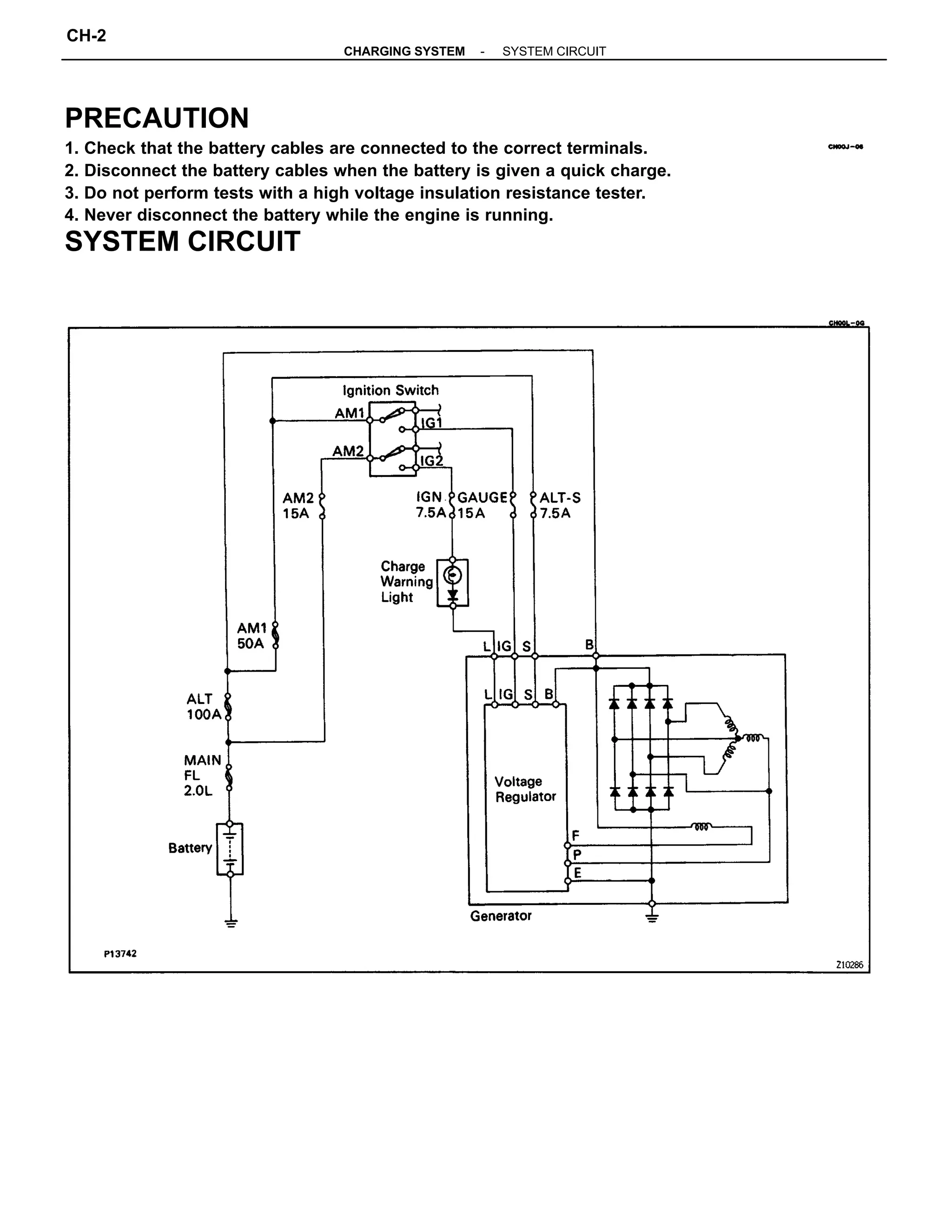 PRECAUTION
1. Check that the battery cables are connected to the correct terminals.
2. Disconnect the battery cables when the battery is given a quick charge.
3. Do not perform tests with a high voltage insulation resistance tester.
4. Never disconnect the battery while the engine is running.
SYSTEM CIRCUIT
-CHARGING SYSTEM SYSTEM CIRCUIT
CH-2
 