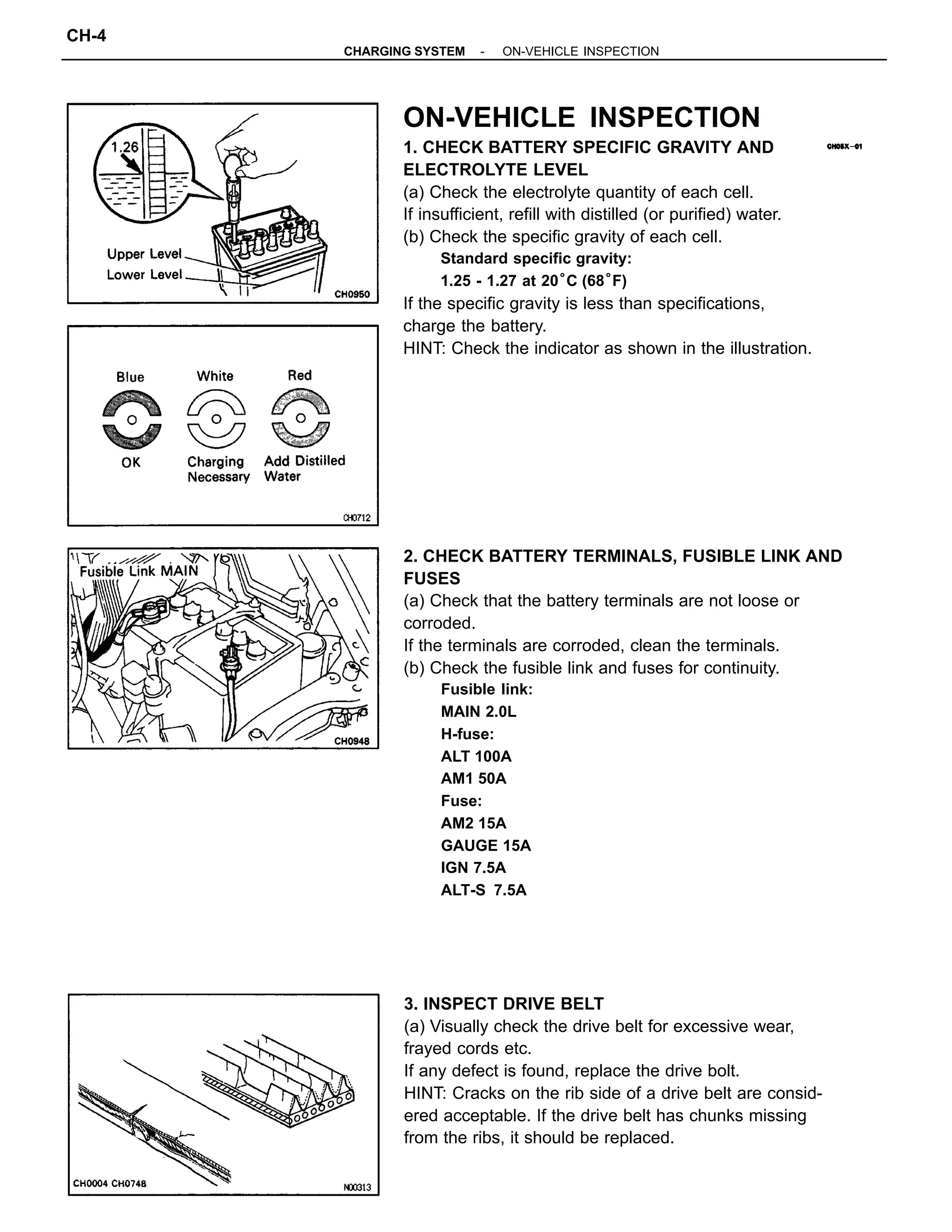 2. CHECK BATTERY TERMINALS, FUSIBLE LINK AND
FUSES
(a) Check that the battery terminals are not loose or
corroded.
If the terminals are corroded, clean the terminals.
(b) Check the fusible link and fuses for continuity.
Fusible link:
MAIN 2.0L
H-fuse:
ALT 100A
AM1 50A
Fuse:
AM2 15A
GAUGE 15A
IGN 7.5A
ALT-S 7.5A
ON-VEHICLE INSPECTION
1. CHECK BATTERY SPECIFIC GRAVITY AND
ELECTROLYTE LEVEL
(a) Check the electrolyte quantity of each cell.
If insufficient, refill with distilled (or purified) water.
(b) Check the specific gravity of each cell.
Standard specific gravity:
1.25 - 1.27 at 20°C (68°F)
If the specific gravity is less than specifications,
charge the battery.
HINT: Check the indicator as shown in the illustration.
3. INSPECT DRIVE BELT
(a) Visually check the drive belt for excessive wear,
frayed cords etc.
If any defect is found, replace the drive bolt.
HINT: Cracks on the rib side of a drive belt are consid-
ered acceptable. If the drive belt has chunks missing
from the ribs, it should be replaced.
-CHARGING SYSTEM ON-VEHICLE INSPECTION
CH-4
 