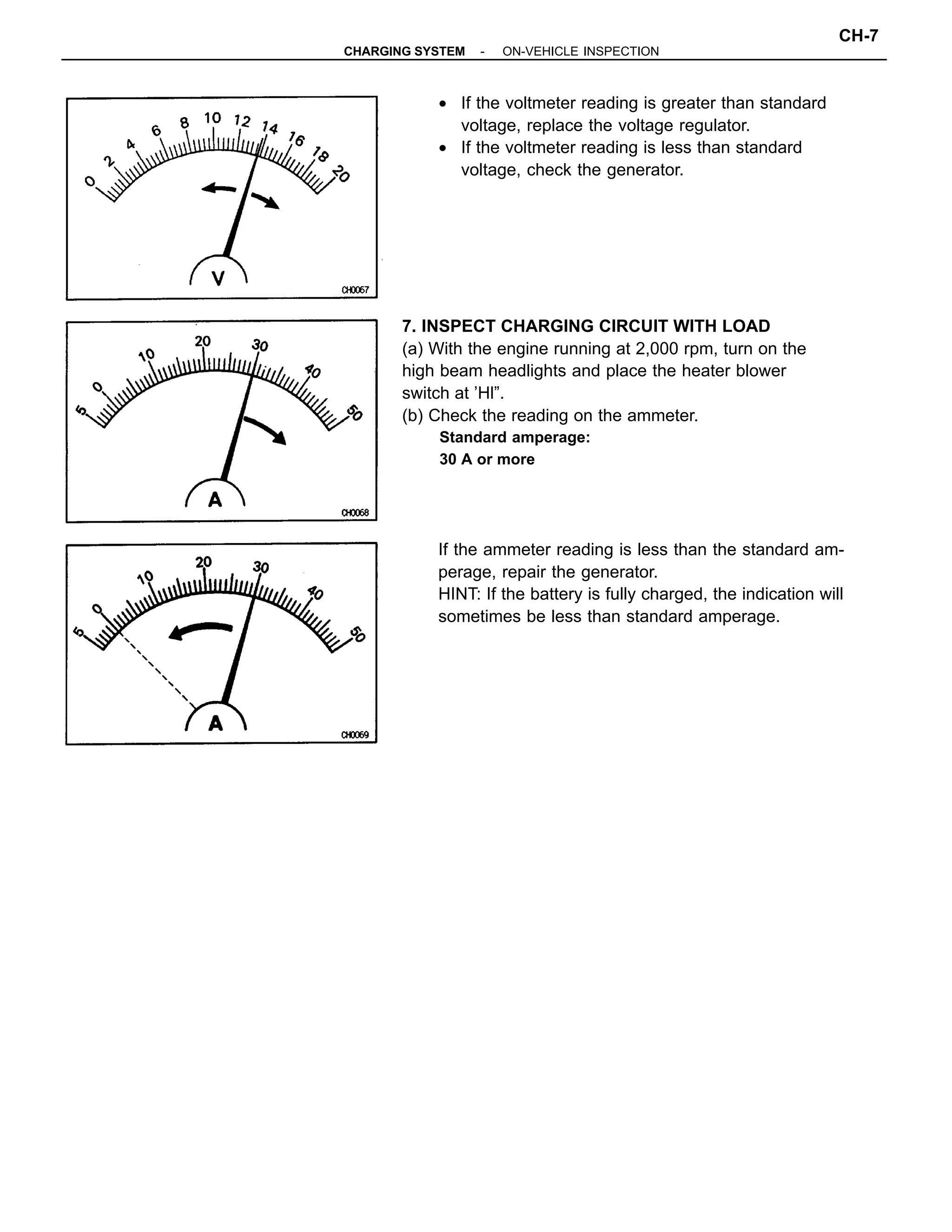 7. INSPECT CHARGING CIRCUIT WITH LOAD
(a) With the engine running at 2,000 rpm, turn on the
high beam headlights and place the heater blower
switch at ’Hl”.
(b) Check the reading on the ammeter.
Standard amperage:
30 A or more
• If the voltmeter reading is greater than standard
voltage, replace the voltage regulator.
• If the voltmeter reading is less than standard
voltage, check the generator.
If the ammeter reading is less than the standard am-
perage, repair the generator.
HINT: If the battery is fully charged, the indication will
sometimes be less than standard amperage.
-CHARGING SYSTEM ON-VEHICLE INSPECTION
CH-7
 