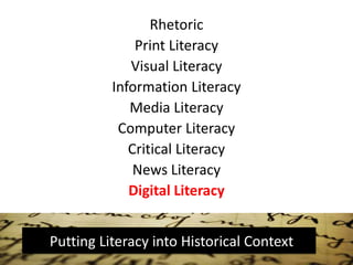 Rhetoric
Print Literacy
Visual Literacy
Information Literacy
Media Literacy
Computer Literacy
Critical Literacy
News Liter...