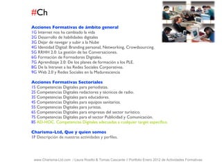 # Ch www.Charisma-Ltd.com  / Laura Rosillo & Tomas Cascante // Portfolio Enero 2012 de Actividades Formativas  Acciones Formativas de ámbito general 1G  Internet nos ha cambiado la vida 2G  Desarrollo de habilidades digitales 3G  Dejar de navegar y subir a la Nube 4G  Identidad Digital: Branding personal, Networking, Crowdsourcing. 5G  RRHH 2.0: La gestión de las Conversaciones. 6G  Formación de Formadores Digitales. 7G  Aprendizaje 2.0: De los planes de formación a los PLE.  8G  De la Intranet a las Redes Sociales Corporativas. 9G  Web 2.0 y Redes Sociales en la Madurescencia Acciones Formativas Sectoriales 1S  Competencias Digitales para periodistas. 2S  Competencias Digitales redactores y técnicos de radio. 3S  Competencias Digitales para educadores. 4S  Competencias Digitales para equipos sanitarios. 5S  Competencias Digitales para juristas. 6S  Competencias Digitales para empresas del sector turístico. 7S  Competencias Digitales para el sector Publicidad y Comunicación. 8S  AD-HOC. Competencias Digitales adecuadas a cualquier target específico. Charisma-Ltd, Que y quien somos 1F   Descripción de nuestras actividades y perfiles. 