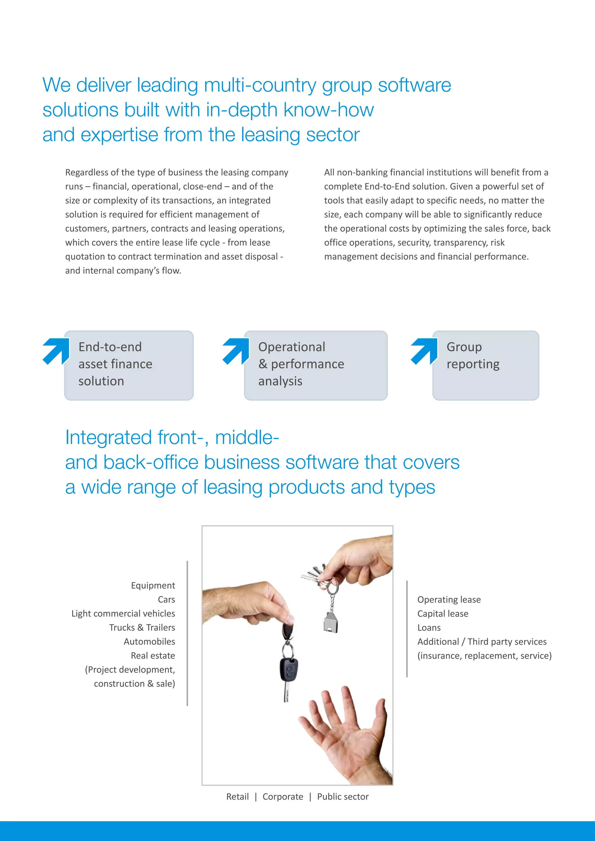 We deliver leading multi-country group software
solutions built with in-depth know-how
and expertise from the leasing sector
Regardless of the type of business the leasing company
runs – financial, operational, close-end – and of the
size or complexity of its transactions, an integrated
solution is required for efficient management of
customers, partners, contracts and leasing operations,
which covers the entire lease life cycle - from lease
quotation to contract termination and asset disposal -
and internal company’s flow.
All non-banking financial institutions will benefit from a
complete End-to-End solution. Given a powerful set of
tools that easily adapt to specific needs, no matter the
size, each company will be able to significantly reduce
the operational costs by optimizing the sales force, back
office operations, security, transparency, risk
management decisions and financial performance.
Integrated front-, middle-
and back-office business software that covers
a wide range of leasing products and types
End-to-end
asset finance
solution
Operational
& performance
analysis
Group
reporting
Equipment
Cars
Light commercial vehicles
Trucks & Trailers
Automobiles
Real estate
(Project development,
construction & sale)
Operating lease
Capital lease
Loans
Additional / Third party services
(insurance, replacement, service)
Retail | Corporate | Public sector
 