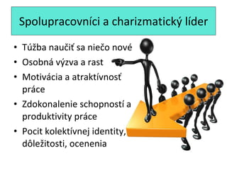 Spolupracovníci a charizmatický líder Túžba naučiť sa niečo nové Osobná výzva a rast Motivácia a atraktívnosť práce Zdokonalenie schopností a produktivity práce Pocit kolektívnej identity, dôležitosti, ocenenia 