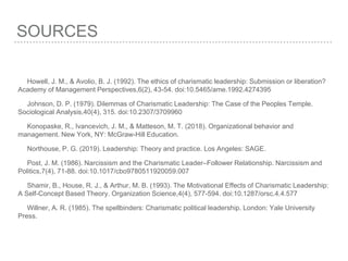 SOURCES
Howell, J. M., & Avolio, B. J. (1992). The ethics of charismatic leadership: Submission or liberation?
Academy of Management Perspectives,6(2), 43-54. doi:10.5465/ame.1992.4274395
Johnson, D. P. (1979). Dilemmas of Charismatic Leadership: The Case of the Peoples Temple.
Sociological Analysis,40(4), 315. doi:10.2307/3709960
Konopaske, R., Ivancevich, J. M., & Matteson, M. T. (2018). Organizational behavior and
management. New York, NY: McGraw-Hill Education.
Northouse, P. G. (2019). Leadership: Theory and practice. Los Angeles: SAGE.
Post, J. M. (1986). Narcissism and the Charismatic Leader–Follower Relationship. Narcissism and
Politics,7(4), 71-88. doi:10.1017/cbo9780511920059.007
Shamir, B., House, R. J., & Arthur, M. B. (1993). The Motivational Effects of Charismatic Leadership:
A Self-Concept Based Theory. Organization Science,4(4), 577-594. doi:10.1287/orsc.4.4.577
Willner, A. R. (1985). The spellbinders: Charismatic political leadership. London: Yale University
Press.
 