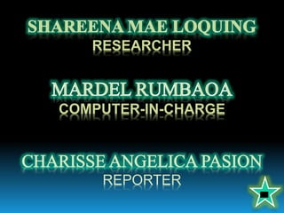 RESEARCHER
COMPUTER-IN-CHARGE
REPORTER
 