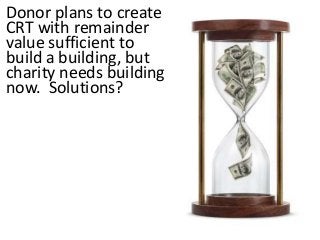 Donor plans to create
CRT with remainder
value sufficient to
build a building, but
charity needs building
now. Solutions?
 