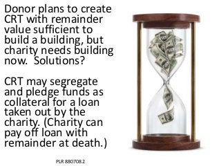 Donor plans to create
CRT with remainder
value sufficient to
build a building, but
charity needs building
now. Solutions?
CRT may segregate
and pledge funds as
collateral for a loan
taken out by the
charity. (Charity can
pay off loan with
remainder at death.)
PLR 8807082
 