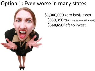 A client holds low-basis
appreciated assets that
generate little income (e.g.,
developable land or small
business growth stock).
How can she convert to
diversified income-
generating investments?
 