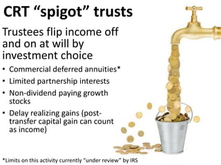 Suppose you want
the trust to hold a
non-income
producing asset
A normal payout
requirement could
force a sale
land, art, non-dividend or closely-held stock
 