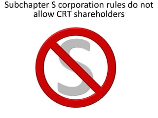 2015 2016 2017 2018 2019 … Death
Initial
Transfer
Anything
Remaining
at Death
2014
TriggerEvent
$0.00
Ex: Trigger is sale
of $1,000,000 of
non-income
producing land
funding CRT
$0.00
$0.00
$50,000
$51,000
 
