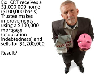 A donor can give part of an
undivided interest (e.g., 75%
as tenants in common) to a
CRT.
Subsequent sale generates
capital gain for the retained
share, but the contribution
generates a tax deduction.
 