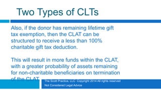 The Scott Practice, LLC Copyright 2014 All rights reserved
Not Considered Legal Advice
Two Types of CLTs
Also, if the donor has remaining lifetime gift
tax exemption, then the CLAT can be
structured to receive a less than 100%
charitable gift tax deduction.
This will result in more funds within the CLAT,
with a greater probability of assets remaining
for non-charitable beneficiaries on termination
of the CLAT.
 
