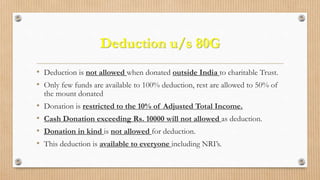Deduction u/s 80G
• Deduction is not allowed when donated outside India to charitable Trust.
• Only few funds are available to 100% deduction, rest are allowed to 50% of
the mount donated
• Donation is restricted to the 10% of Adjusted Total Income.
• Cash Donation exceeding Rs. 10000 will not allowed as deduction.
• Donation in kind is not allowed for deduction.
• This deduction is available to everyone including NRI’s.
 