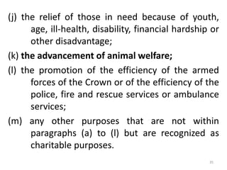 (j) the relief of those in need because of youth,
age, ill-health, disability, financial hardship or
other disadvantage;
(k) the advancement of animal welfare;
(l) the promotion of the efficiency of the armed
forces of the Crown or of the efficiency of the
police, fire and rescue services or ambulance
services;
(m) any other purposes that are not within
paragraphs (a) to (l) but are recognized as
charitable purposes.
35
 