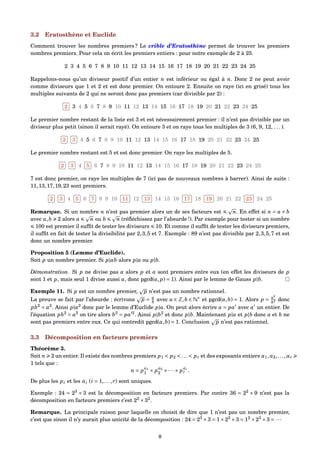 3.2 Eratosthène et Euclide
Comment trouver les nombres premiers ? Le crible d’Eratosthène permet de trouver les premiers
nombres premiers. Pour cela on écrit les premiers entiers : pour notre exemple de 2 à 25.
2 3 4 5 6 7 8 9 10 11 12 13 14 15 16 17 18 19 20 21 22 23 24 25
Rappelons-nous qu’un diviseur positif d’un entier n est inférieur ou égal à n. Donc 2 ne peut avoir
comme diviseurs que 1 et 2 et est donc premier. On entoure 2. Ensuite on raye (ici en grisé) tous les
multiples suivants de 2 qui ne seront donc pas premiers (car divisible par 2) :
£
¢
 
¡2 3 4 5 6 7 8 9 10 11 12 13 14 15 16 17 18 19 20 21 22 23 24 25
Le premier nombre restant de la liste est 3 et est nécessairement premier : il n’est pas divisible par un
diviseur plus petit (sinon il serait rayé). On entoure 3 et on raye tous les multiples de 3 (6, 9, 12, . . . ).
£
¢
 
¡2
£
¢
 
¡3 4 5 6 7 8 9 10 11 12 13 14 15 16 17 18 19 20 21 22 23 24 25
Le premier nombre restant est 5 et est donc premier. On raye les multiples de 5.
£
¢
 
¡2
£
¢
 
¡3 4
£
¢
 
¡5 6 7 8 9 10 11 12 13 14 15 16 17 18 19 20 21 22 23 24 25
7 est donc premier, on raye les multiples de 7 (ici pas de nouveaux nombres à barrer). Ainsi de suite :
11,13,17,19,23 sont premiers.
£
¢
 
¡2
£
¢
 
¡3 4
£
¢
 
¡5 6
£
¢
 
¡7 8 9 10
£
¢
 
¡11 12
£
¢
 
¡13 14 15 16
£
¢
 
¡17 18
£
¢
 
¡19 20 21 22
£
¢
 
¡23 24 25
Remarque. Si un nombre n n’est pas premier alors un de ses facteurs est n. En effet si n = a × b
avec a,b 2 alors a n ou b n (réﬂéchissez par l’absurde !). Par exemple pour tester si un nombre
100 est premier il sufﬁt de tester les diviseurs 10. Et comme il sufﬁt de tester les diviseurs premiers,
il sufﬁt en fait de tester la divisibilité par 2,3,5 et 7. Exemple : 89 n’est pas divisible par 2,3,5,7 et est
donc un nombre premier.
Proposition 5 (Lemme d’Euclide).
Soit p un nombre premier. Si p|ab alors p|a ou p|b.
Démonstration. Si p ne divise pas a alors p et a sont premiers entre eux (en effet les diviseurs de p
sont 1 et p, mais seul 1 divise aussi a, donc pgcd(a, p) = 1). Ainsi par le lemme de Gauss p|b.
Exemple 11. Si p est un nombre premier, p n’est pas un nombre rationnel.
La preuve se fait par l’absurde : écrivons p = a
b avec a ∈ Z,b ∈ N∗
et pgcd(a,b) = 1. Alors p = a2
b2 donc
pb2
= a2
. Ainsi p|a2
donc par le lemme d’Euclide p|a. On peut alors écrire a = pa avec a un entier. De
l’équation pb2
= a2
on tire alors b2
= pa 2
. Ainsi p|b2
et donc p|b. Maintenant p|a et p|b donc a et b ne
sont pas premiers entre eux. Ce qui contredit pgcd(a,b) = 1. Conclusion p n’est pas rationnel.
3.3 Décomposition en facteurs premiers
Théorème 3.
Soit n 2 un entier. Il existe des nombres premiers p1 < p2 < ... < pr et des exposants entiers α1,α2,...,αr
1 tels que :
n = p
α1
1 × p
α2
2 ×···× p
αr
r .
De plus les pi et les αi (i = 1,...,r) sont uniques.
Exemple : 24 = 23
× 3 est la décomposition en facteurs premiers. Par contre 36 = 22
× 9 n’est pas la
décomposition en facteurs premiers c’est 22
×32
.
Remarque. La principale raison pour laquelle on choisit de dire que 1 n’est pas un nombre premier,
c’est que sinon il n’y aurait plus unicité de la décomposition : 24 = 23
×3 = 1×23
×3 = 12
×23
×3 = ···
8
 