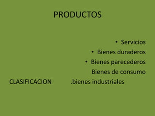 PRODUCTOSServiciosBienes duraderosBienes parecederosBienes de consumoCLASIFICACION            .bienes industriales