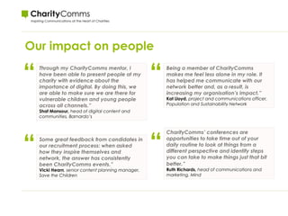 Our impact on people
Being a member of CharityComms
makes me feel less alone in my role. It
has helped me communicate with our
network better and, as a result, is
increasing my organisation’s impact.”
Kat Lloyd, project and communications officer,
Population and Sustainability Network
Through my CharityComms mentor, I
have been able to present people at my
charity with evidence about the
importance of digital. By doing this, we
are able to make sure we are there for
vulnerable children and young people
across all channels.”
Shaf Mansour, head of digital content and
communities, Barnardo’s
CharityComms’ conferences are
opportunities to take time out of your
daily routine to look at things from a
different perspective and identify steps
you can take to make things just that bit
better.”
Ruth Richards, head of communications and
marketing, Mind
Some great feedback from candidates in
our recruitment process: when asked
how they inspire themselves and
network, the answer has consistently
been CharityComms events.”
Vicki Hearn, senior content planning manager,
Save the Children
“
“
“
“
 