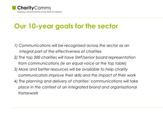 Our 10-year goals for the sector
1) Communications will be recognised across the sector as an
integral part of the effectiveness of charities
2) The top 500 charities will have SMT/senior board representation
from communications (ie an equal voice at the top table)
3) More and better resources will be available to help charity
communicators improve their skills and the impact of their work
4) The planning and delivery of charities’ communications will take
place in the context of an integrated brand and organisational
framework
 