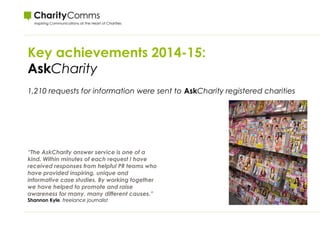 Key achievements 2014-15:
AskCharity
1,210 requests for information were sent to AskCharity registered charities
“The AskCharity answer service is one of a
kind. Within minutes of each request I have
received responses from helpful PR teams who
have provided inspiring, unique and
informative case studies. By working together
we have helped to promote and raise
awareness for many, many different causes.”
Shannon Kyle, freelance journalist
 